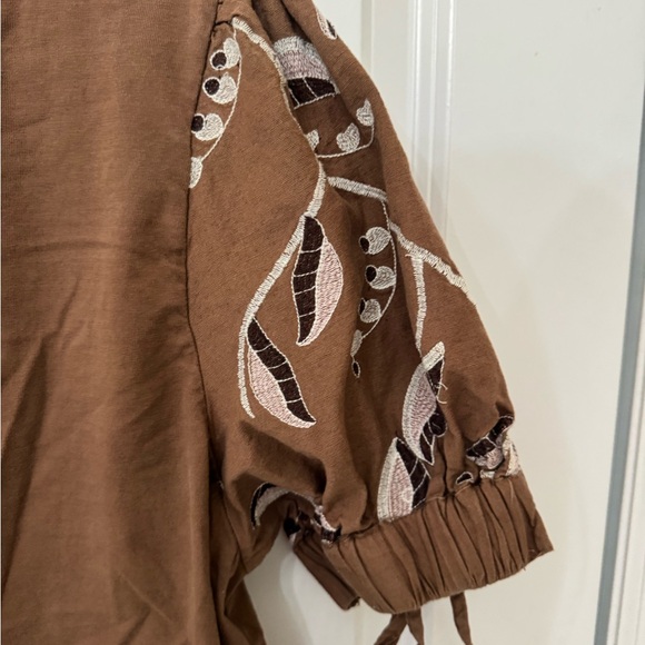 Joie Brown Puff Sleeve Blouse with Embroidery - Picture 4 of 6